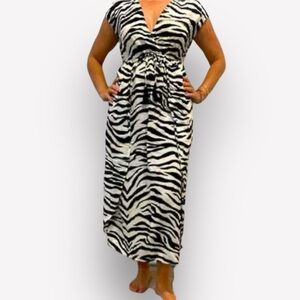 🇪🇸🐠🦋Blue Island Black White Tan Zebra Animal Print Maxi Dress V Neck Tassel Tie